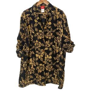 Cole of California Black Brown Tropical Floral Print Beach Cover Up Shirt Caftan